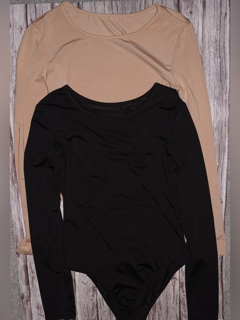 Long Sleeve Scoop Neck Bodysuit - Black and Nude